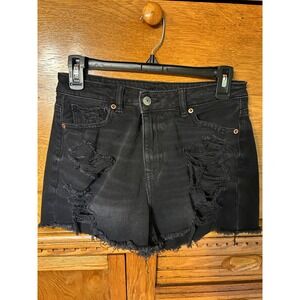 American Eagle Y2K Preppy Black Distressed Denim Shorts High Rise Stretch Grunge